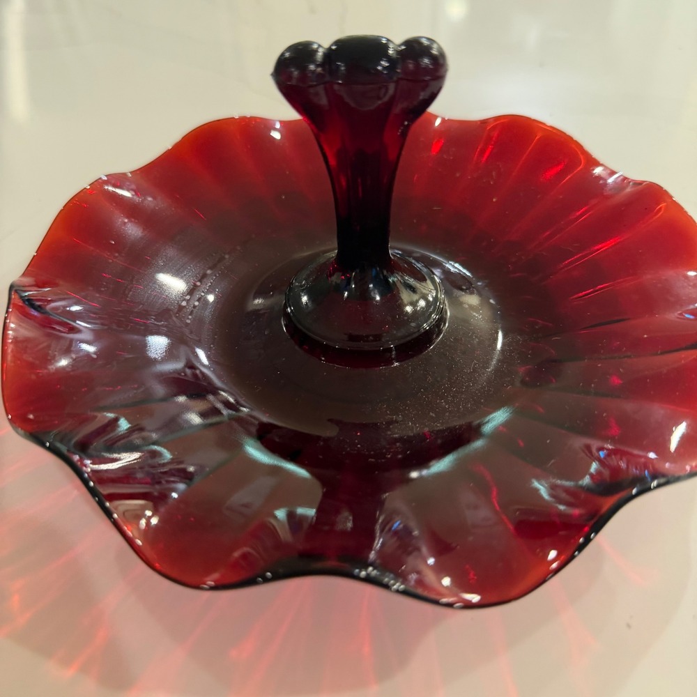 Vintage Ruby Red Glass Ruffled Tidbit Tray Candy Dish with Finger Handle